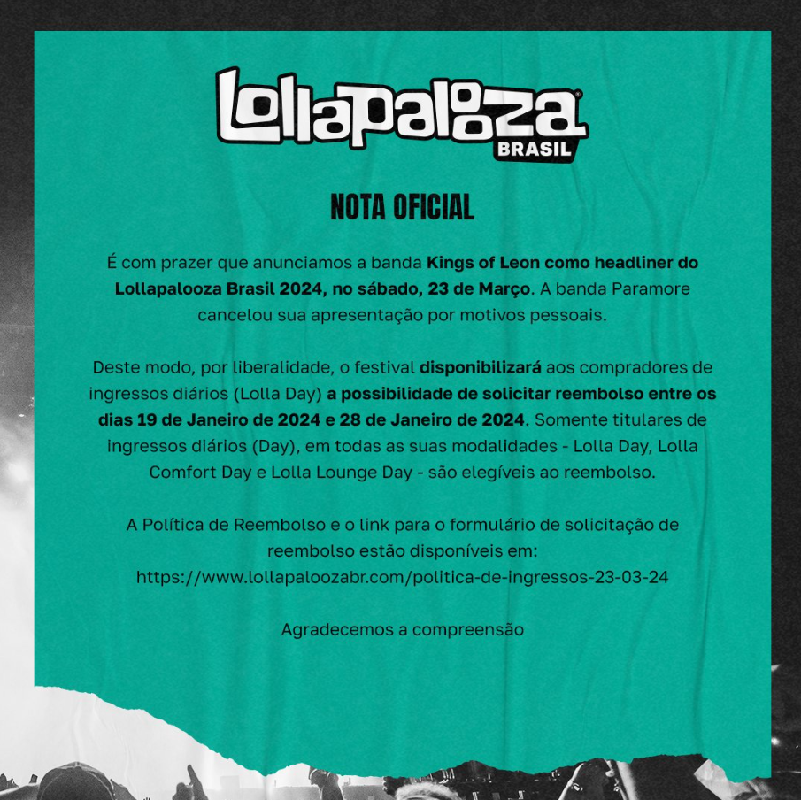 Lollapalooza Brasil 2024: Banda internacional cancela participação; veja  substituto